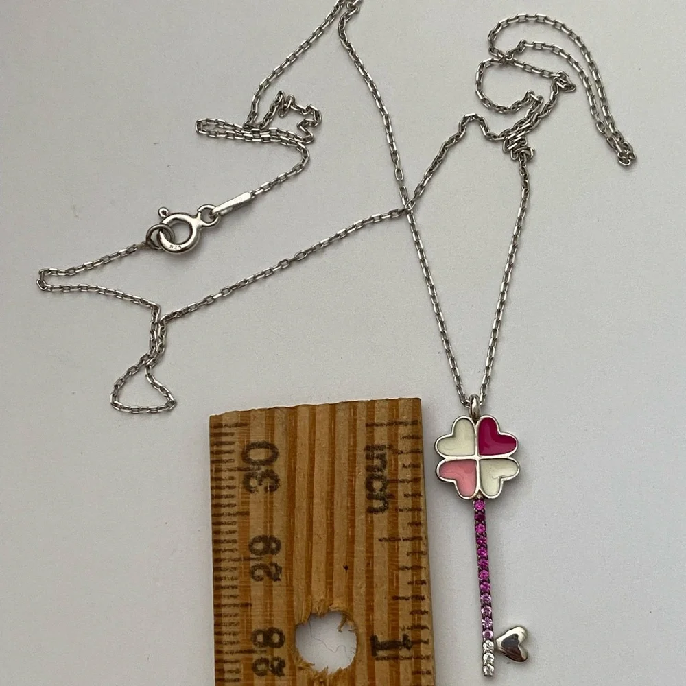 925 Silver pink heart clover key cz necklace